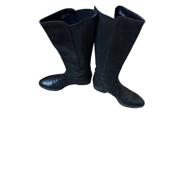 Ann Taylor Loft black leather riding boot with stretch band in back. Pull on siz - Picture 7 of 14